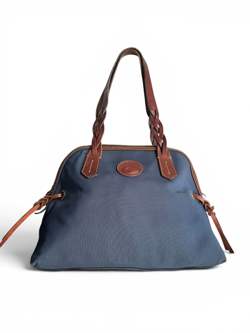 Dooney & Bourke Navy Blue Nylon Domed Satchel w/Brown Leather Trim/Handles